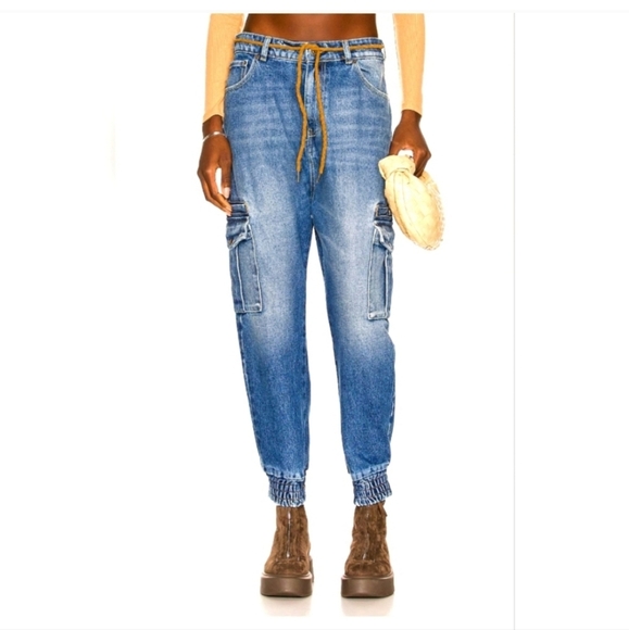 SER.O.YA Denim - Seroya Blue Cargo Jogger Pants with Tan Drawstring